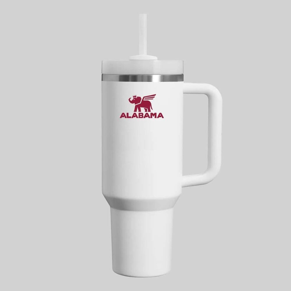 40 oz Crimson & White Insulated Tumbler with Handle & Straw | Game Day Cup